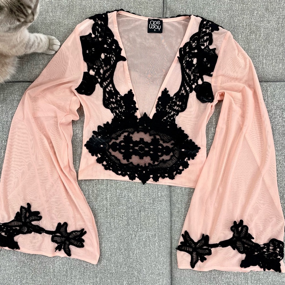 Plunging pink crop top with bell sleeves and lace detail